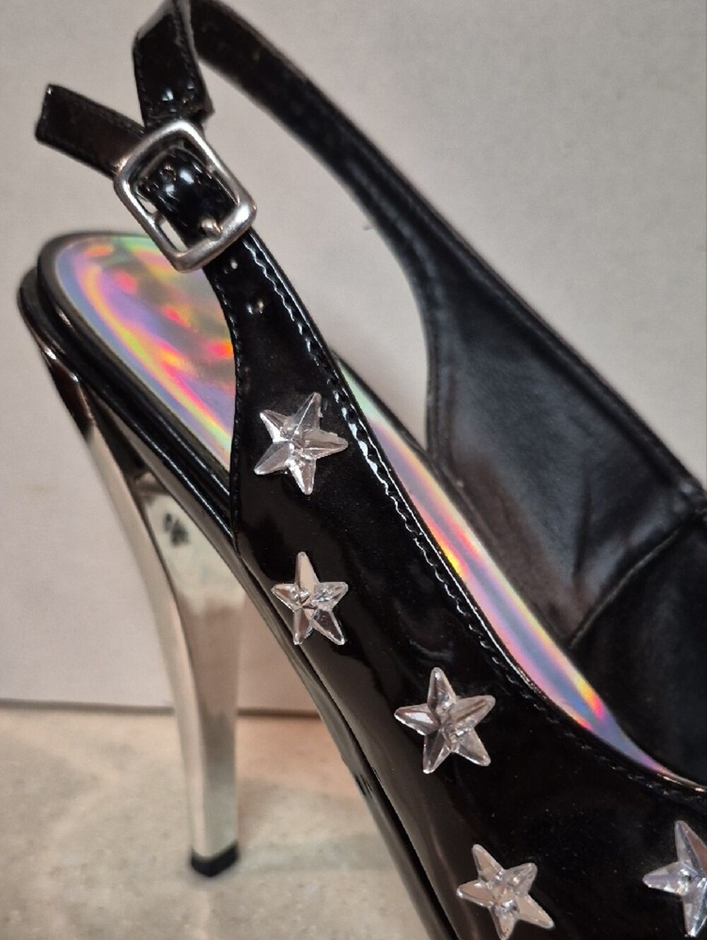Ellie Skylar Star Platform Sandals Black Patent Holographic Peep Toe Size 8 - Picture 7 of 16